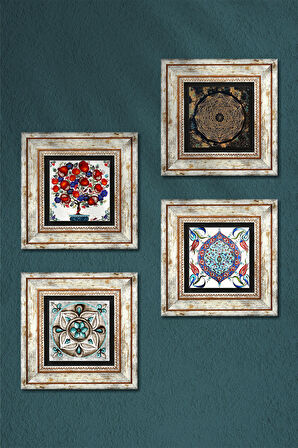 Sri Yantra, Çini Sanatı, Nar Ağacı Taş Duvar Tablosu Çerçeveli Duvar Dekoru 4 Parça Tablo Seti Wall Art