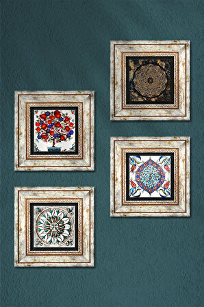 Sri Yantra, Çini Sanatı, Nar Ağacı Taş Duvar Tablosu Çerçeveli Duvar Dekoru 4 Parça Tablo Seti Wall Art