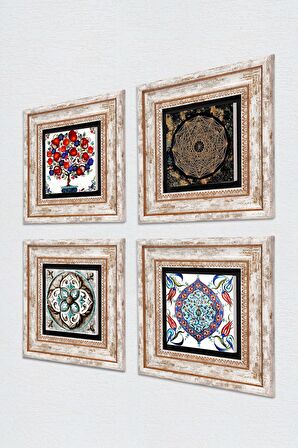 Sri Yantra, Çini Sanatı, Nar Ağacı Taş Duvar Tablosu Çerçeveli Duvar Dekoru 4 Parça Tablo Seti Wall Art