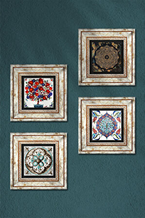 Sri Yantra, Çini Sanatı, Nar Ağacı Taş Duvar Tablosu Çerçeveli Duvar Dekoru 4 Parça Tablo Seti Wall Art