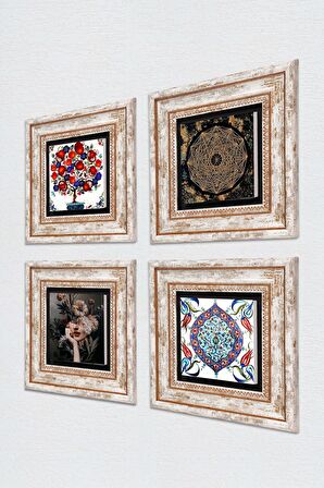 Sri Yantra, Bahar Düşü Serisi, Çini Sanatı, Nar Ağacı Taş Duvar Tablosu Çerçeveli Duvar Dekoru 4 Parça Tablo Seti Wall Art