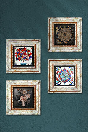 Sri Yantra, Bahar Düşü Serisi, Çini Sanatı, Nar Ağacı Taş Duvar Tablosu Çerçeveli Duvar Dekoru 4 Parça Tablo Seti Wall Art