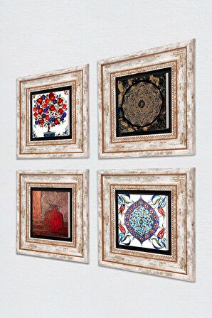 Sri Yantra, Nar, Çini Sanatı, Nar Ağacı Taş Duvar Tablosu Çerçeveli Duvar Dekoru 4 Parça Tablo Seti Wall Art