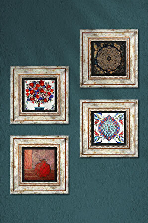 Sri Yantra, Nar, Çini Sanatı, Nar Ağacı Taş Duvar Tablosu Çerçeveli Duvar Dekoru 4 Parça Tablo Seti Wall Art