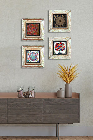 Sri Yantra, Desen, Çini Sanatı, Nar Ağacı Taş Duvar Tablosu Çerçeveli Duvar Dekoru 4 Parça Tablo Seti Wall Art