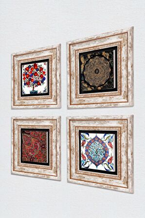 Sri Yantra, Desen, Çini Sanatı, Nar Ağacı Taş Duvar Tablosu Çerçeveli Duvar Dekoru 4 Parça Tablo Seti Wall Art