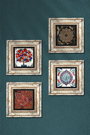 Sri Yantra, Desen, Çini Sanatı, Nar Ağacı Taş Duvar Tablosu Çerçeveli Duvar Dekoru 4 Parça Tablo Seti Wall Art