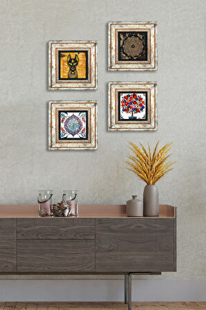 Sri Yantra, Antik Mısır, Çini Sanatı, Nar Ağacı Taş Duvar Tablosu Çerçeveli Duvar Dekoru 4 Parça Tablo Seti Wall Art