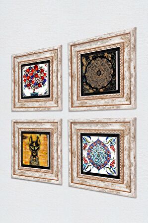 Sri Yantra, Antik Mısır, Çini Sanatı, Nar Ağacı Taş Duvar Tablosu Çerçeveli Duvar Dekoru 4 Parça Tablo Seti Wall Art