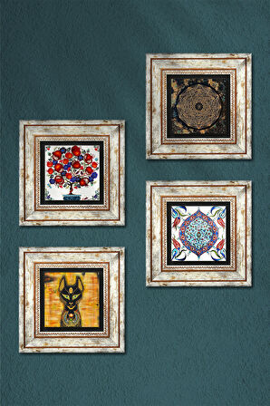 Sri Yantra, Antik Mısır, Çini Sanatı, Nar Ağacı Taş Duvar Tablosu Çerçeveli Duvar Dekoru 4 Parça Tablo Seti Wall Art