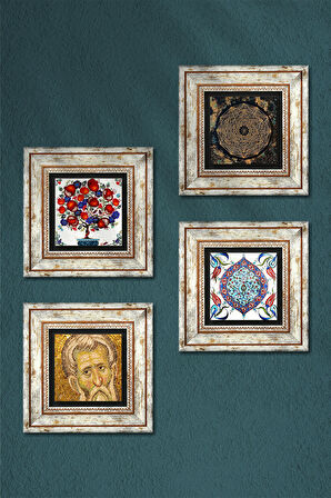 Sri Yantra, Mozaik, Çini Sanatı, Nar Ağacı Taş Duvar Tablosu Çerçeveli Duvar Dekoru 4 Parça Tablo Seti Wall Art