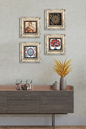 Sri Yantra, Soteria Mozaiği, Çini Sanatı, Nar Ağacı Taş Duvar Tablosu Çerçeveli Duvar Dekoru 4 Parça Tablo Seti Wall Art