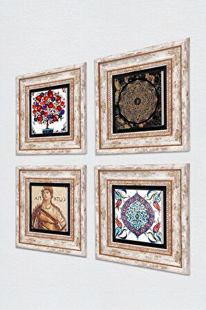 Sri Yantra, Soteria Mozaiği, Çini Sanatı, Nar Ağacı Taş Duvar Tablosu Çerçeveli Duvar Dekoru 4 Parça Tablo Seti Wall Art