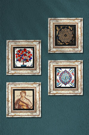 Sri Yantra, Soteria Mozaiği, Çini Sanatı, Nar Ağacı Taş Duvar Tablosu Çerçeveli Duvar Dekoru 4 Parça Tablo Seti Wall Art