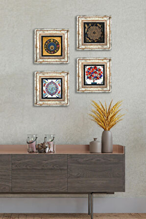 Sri Yantra, Nazar, Çini Sanatı, Nar Ağacı Taş Duvar Tablosu Çerçeveli Duvar Dekoru 4 Parça Tablo Seti Wall Art