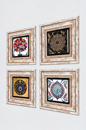 Sri Yantra, Nazar, Çini Sanatı, Nar Ağacı Taş Duvar Tablosu Çerçeveli Duvar Dekoru 4 Parça Tablo Seti Wall Art