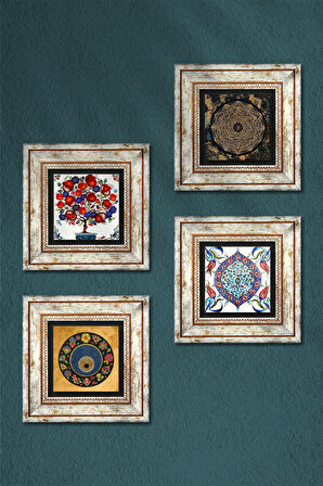 Sri Yantra, Nazar, Çini Sanatı, Nar Ağacı Taş Duvar Tablosu Çerçeveli Duvar Dekoru 4 Parça Tablo Seti Wall Art