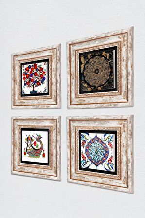 Sri Yantra, Şahmeran, Çini Sanatı, Nar Ağacı Taş Duvar Tablosu Çerçeveli Duvar Dekoru 4 Parça Tablo Seti Wall Art