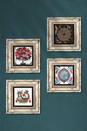 Sri Yantra, Şahmeran, Çini Sanatı, Nar Ağacı Taş Duvar Tablosu Çerçeveli Duvar Dekoru 4 Parça Tablo Seti Wall Art