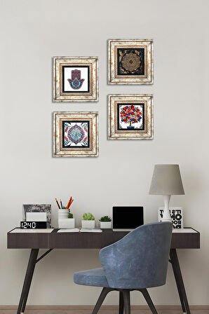 Sri Yantra, Fatma Ana Eli (Hamsa), Çini Sanatı, Nar Ağacı Taş Duvar Tablosu Çerçeveli Duvar Dekoru 4 Parça Tablo Seti Wall Art