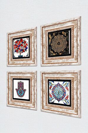 Sri Yantra, Fatma Ana Eli (Hamsa), Çini Sanatı, Nar Ağacı Taş Duvar Tablosu Çerçeveli Duvar Dekoru 4 Parça Tablo Seti Wall Art