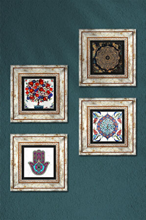 Sri Yantra, Fatma Ana Eli (Hamsa), Çini Sanatı, Nar Ağacı Taş Duvar Tablosu Çerçeveli Duvar Dekoru 4 Parça Tablo Seti Wall Art