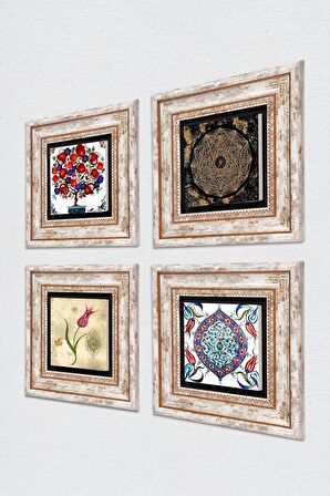 Sri Yantra, Lale, Çini Sanatı, Nar Ağacı Taş Duvar Tablosu Çerçeveli Duvar Dekoru 4 Parça Tablo Seti Wall Art