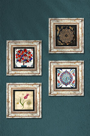 Sri Yantra, Lale, Çini Sanatı, Nar Ağacı Taş Duvar Tablosu Çerçeveli Duvar Dekoru 4 Parça Tablo Seti Wall Art
