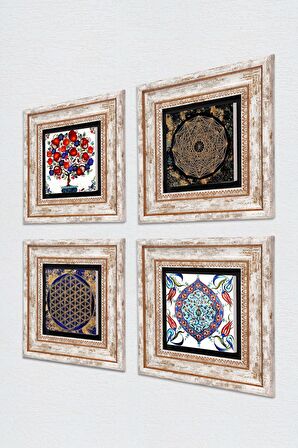 Sri Yantra, Yaşam Çiçeği, Çini Sanatı, Nar Ağacı Taş Duvar Tablosu Çerçeveli Duvar Dekoru 4 Parça Tablo Seti Wall Art