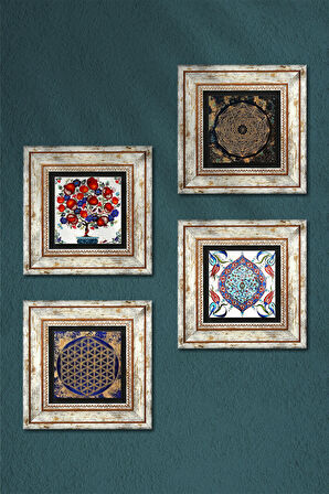 Sri Yantra, Yaşam Çiçeği, Çini Sanatı, Nar Ağacı Taş Duvar Tablosu Çerçeveli Duvar Dekoru 4 Parça Tablo Seti Wall Art