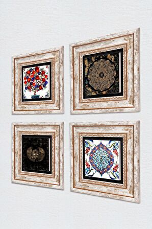 Horus'un Gözü, Sri Yantra, Çini Sanatı, Nar Ağacı Taş Duvar Tablosu Çerçeveli Duvar Dekoru 4 Parça Tablo Seti Wall Art