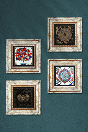 Horus'un Gözü, Sri Yantra, Çini Sanatı, Nar Ağacı Taş Duvar Tablosu Çerçeveli Duvar Dekoru 4 Parça Tablo Seti Wall Art