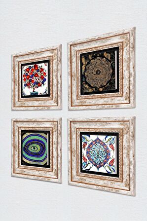 Nazar, Sri Yantra, Çini Sanatı, Nar Ağacı Taş Duvar Tablosu Çerçeveli Duvar Dekoru 4 Parça Tablo Seti Wall Art