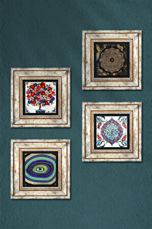 Nazar, Sri Yantra, Çini Sanatı, Nar Ağacı Taş Duvar Tablosu Çerçeveli Duvar Dekoru 4 Parça Tablo Seti Wall Art