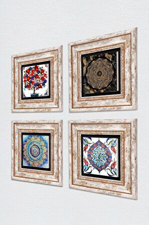 Mandala, Sri Yantra, Çini Sanatı, Nar Ağacı Taş Duvar Tablosu Çerçeveli Duvar Dekoru 4 Parça Tablo Seti Wall Art
