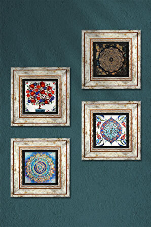 Mandala, Sri Yantra, Çini Sanatı, Nar Ağacı Taş Duvar Tablosu Çerçeveli Duvar Dekoru 4 Parça Tablo Seti Wall Art