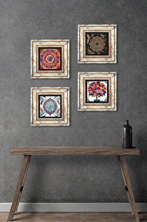 Mandala, Sri Yantra, Çini Sanatı, Nar Ağacı Taş Duvar Tablosu Çerçeveli Duvar Dekoru 4 Parça Tablo Seti Wall Art
