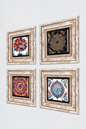 Mandala, Sri Yantra, Çini Sanatı, Nar Ağacı Taş Duvar Tablosu Çerçeveli Duvar Dekoru 4 Parça Tablo Seti Wall Art
