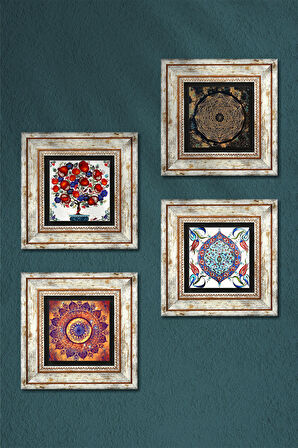 Mandala, Sri Yantra, Çini Sanatı, Nar Ağacı Taş Duvar Tablosu Çerçeveli Duvar Dekoru 4 Parça Tablo Seti Wall Art