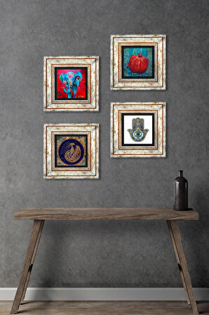 Fil, Tavus Kuşu, Nar, Fatma Ana Eli (Hamsa) Taş Duvar Tablosu Çerçeveli Duvar Dekoru 4 Parça Tablo Seti Wall Art