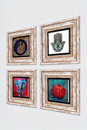 Fil, Tavus Kuşu, Nar, Fatma Ana Eli (Hamsa) Taş Duvar Tablosu Çerçeveli Duvar Dekoru 4 Parça Tablo Seti Wall Art
