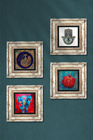 Fil, Tavus Kuşu, Nar, Fatma Ana Eli (Hamsa) Taş Duvar Tablosu Çerçeveli Duvar Dekoru 4 Parça Tablo Seti Wall Art