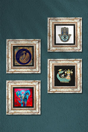 Fil, Tavus Kuşu, Şahmeran, Fatma Ana Eli (Hamsa) Taş Duvar Tablosu Çerçeveli Duvar Dekoru 4 Parça Tablo Seti Wall Art