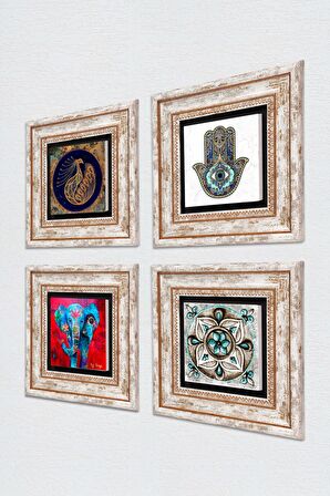 Fil, Tavus Kuşu, Çini Sanatı, Fatma Ana Eli (Hamsa) Taş Duvar Tablosu Çerçeveli Duvar Dekoru 4 Parça Tablo Seti Wall Art