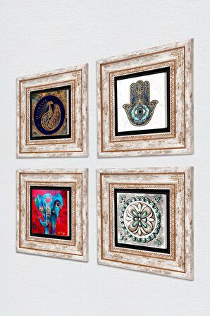 Fil, Tavus Kuşu, Çini Sanatı, Fatma Ana Eli (Hamsa) Taş Duvar Tablosu Çerçeveli Duvar Dekoru 4 Parça Tablo Seti Wall Art