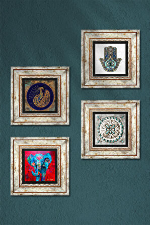 Fil, Tavus Kuşu, Çini Sanatı, Fatma Ana Eli (Hamsa) Taş Duvar Tablosu Çerçeveli Duvar Dekoru 4 Parça Tablo Seti Wall Art
