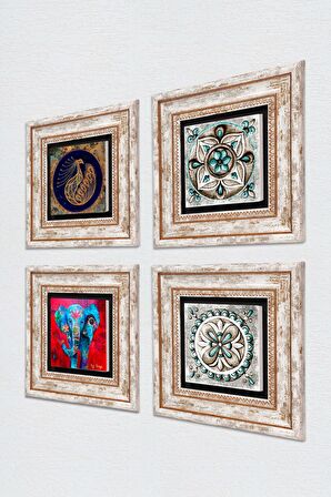 Fil, Tavus Kuşu, Çini Sanatı Taş Duvar Tablosu Çerçeveli Duvar Dekoru 4 Parça Tablo Seti Wall Art