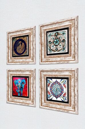 Fil, Tavus Kuşu, Çini Sanatı Taş Duvar Tablosu Çerçeveli Duvar Dekoru 4 Parça Tablo Seti Wall Art