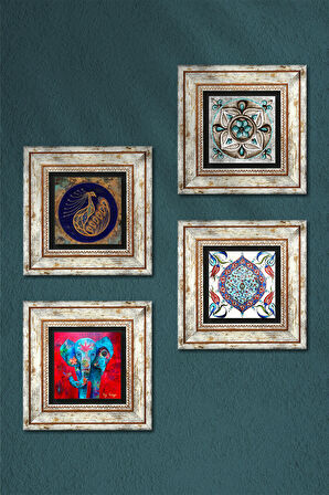 Fil, Tavus Kuşu, Çini Sanatı Taş Duvar Tablosu Çerçeveli Duvar Dekoru 4 Parça Tablo Seti Wall Art