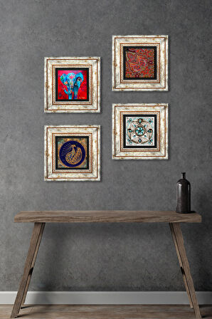 Fil, Tavus Kuşu, Desen, Çini Sanatı Taş Duvar Tablosu Çerçeveli Duvar Dekoru 4 Parça Tablo Seti Wall Art